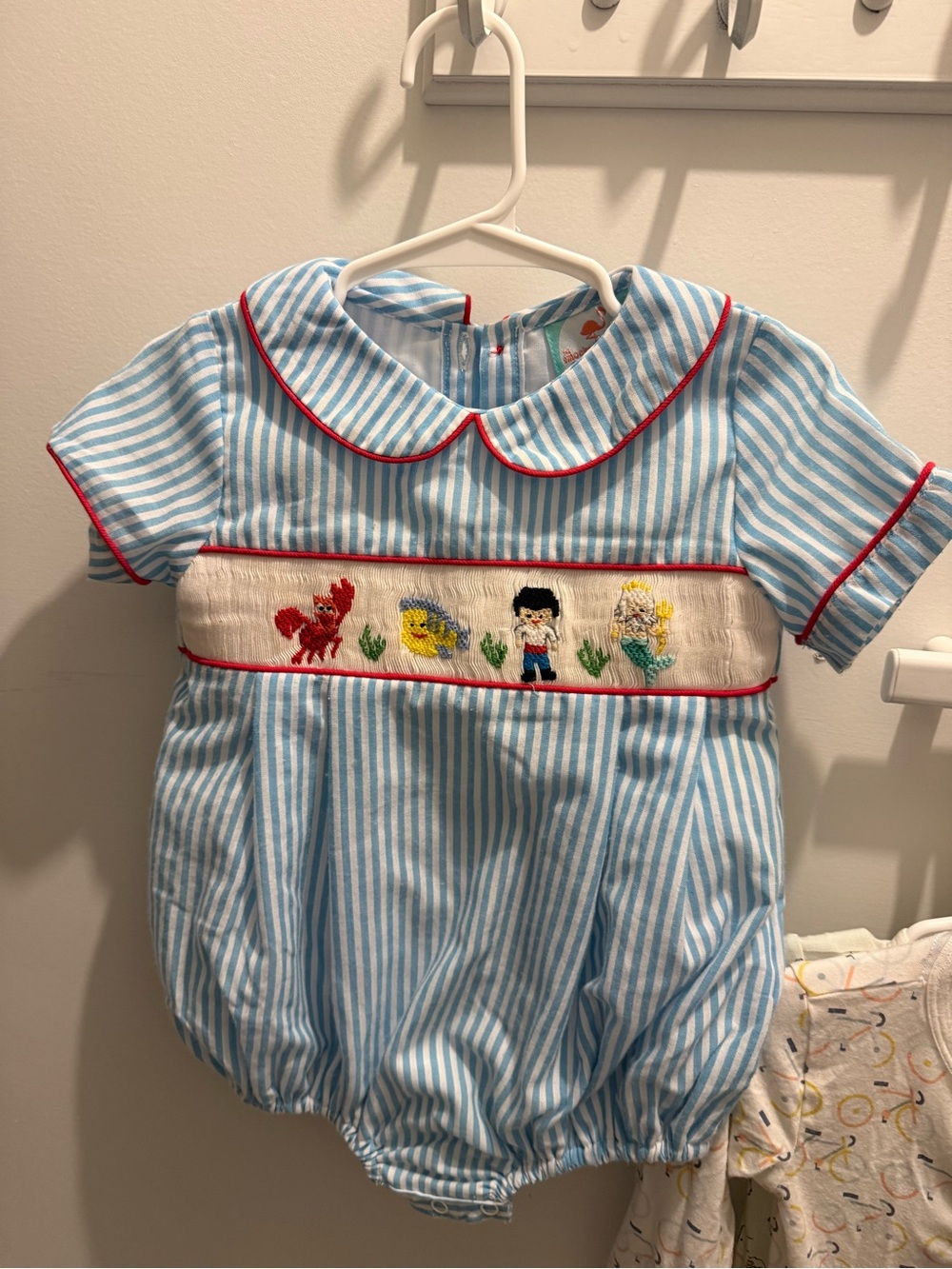 Blue & White Striped Smocked Baby One-Piece with Red Trim